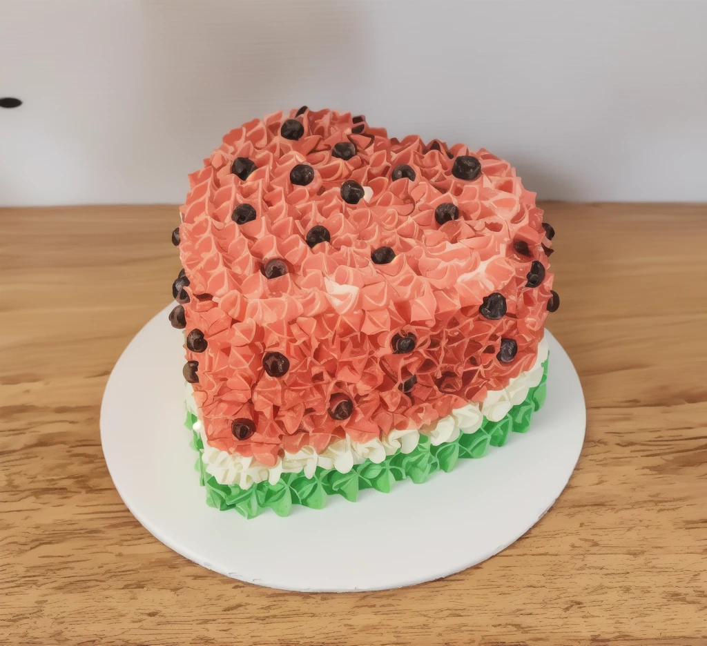 on a black background, a cream cake in the form of a heart, in shape of watermelon, the lower part of the cake is made of green cream whirls, reproduces the texture of a watermelon, a cream layer of fresh, juicy white m'yakotia. The top layer consists of red cream, on top of which watermelon seeds are poured, made of polymer clay, window light, bright lights, soft light, window light, professional lighting, light from the window, neat light, realistic texture, realistic style, detailed texture, high quality, high resolution, high quality rendering, realistic photo, brightning light, macro photo