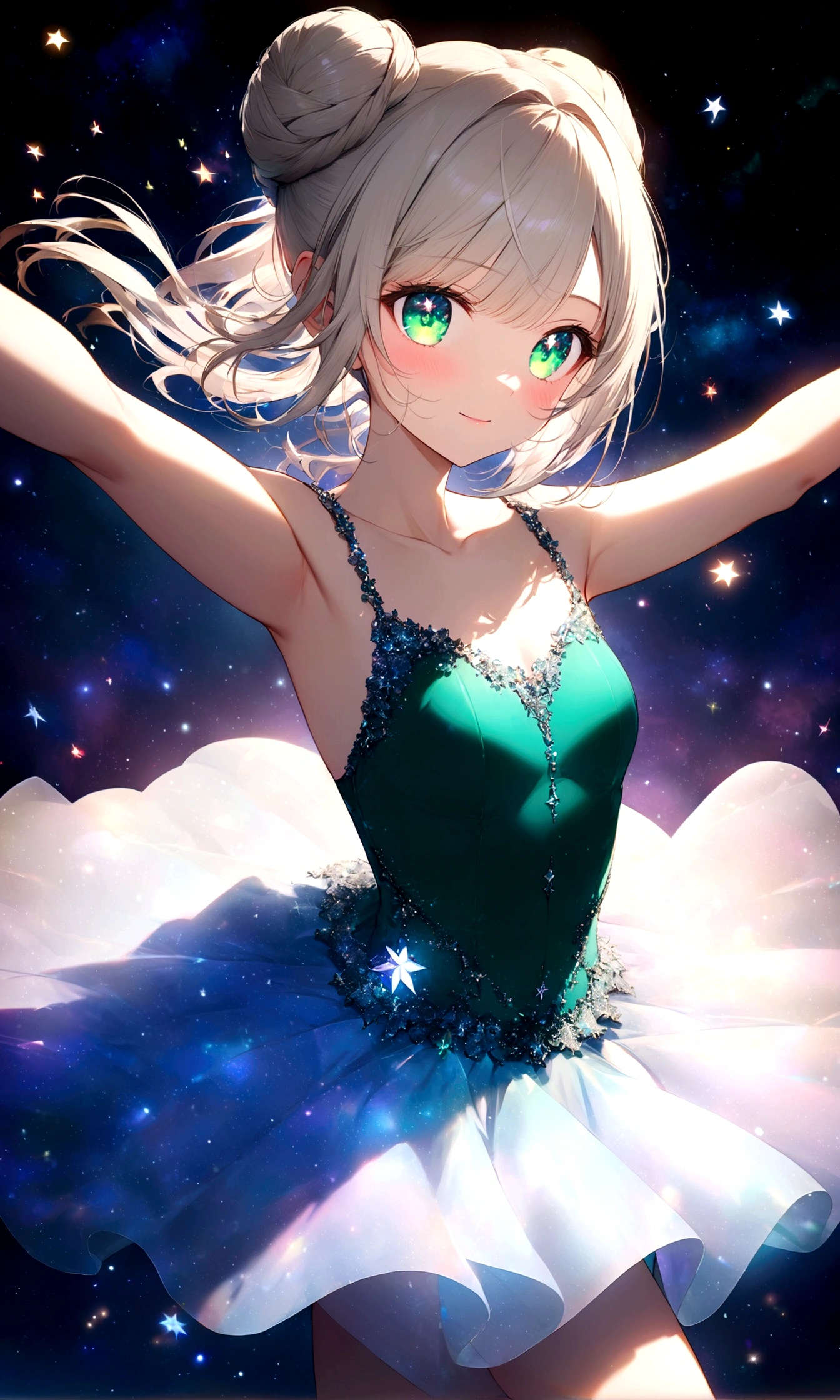 anime gile portrait,kawaii,fantastic style,one beautiful girl with starry eyes, upper body ,-yeld gi with platinum blonde hair, hair styled in a ballerina bun with a few strands falling around her face, deep emerald green eyes, wearing a silver ballet costume reflecting starlight with small star decorations on the tutu, standing in a ballet pose with one leg raised and hands reaching out to grasp stars, background of a starry night sky with the moon, on a stage with a starry curtain, dancing under a sky full of stars , surrounded by stars,eyes sparkling like stars,best quality,ultra detailed,ultra high definition,high resolution,16k,ultra vibrant,natural light,starlight,soft light,Glowing Aura,the surroundings are shining,Mysterious, fantastic, super-detailed universe, stars twinkling and twinkling. Star Effects.