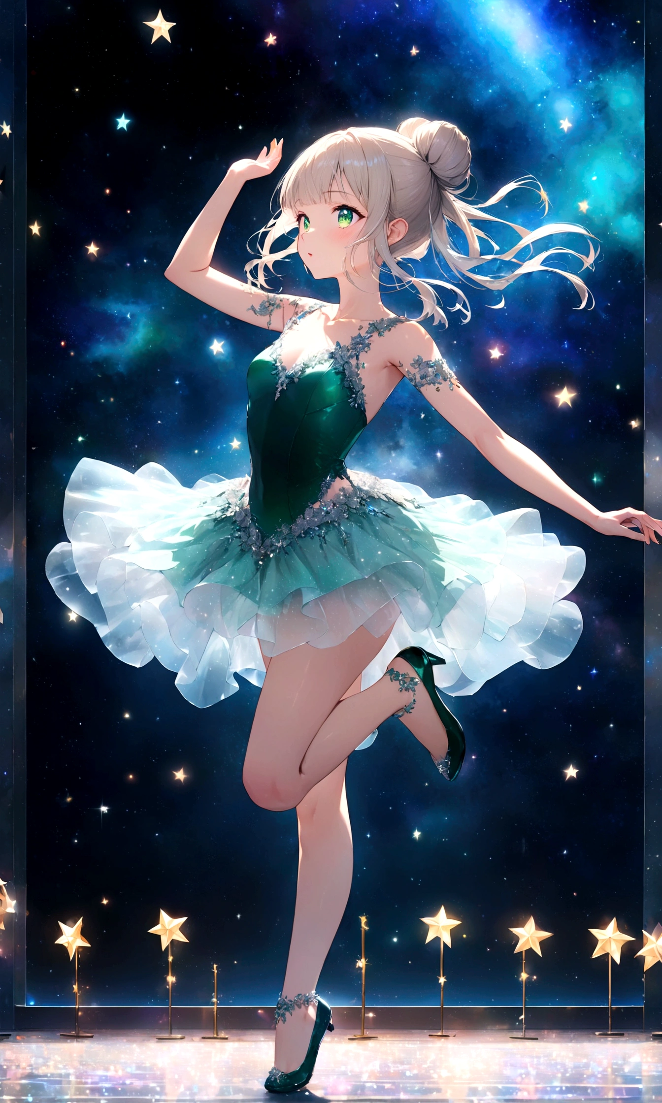 anime gile portrait,kawaii,fantastic style,one beautiful girl with starry eyes, upper body ,-yeld gi with platinum blonde hair, hair styled in a ballerina bun with a few strands falling around her face, deep emerald green eyes, wearing a silver ballet costume reflecting starlight with small star decorations on the tutu, standing in a ballet pose with one leg raised and hands reaching out to grasp stars, background of a starry night sky with the moon, on a stage with a starry curtain, dancing under a sky full of stars , surrounded by stars,eyes sparkling like stars,best quality,ultra detailed,ultra high definition,high resolution,16k,ultra vibrant,natural light,starlight,soft light,Glowing Aura,the surroundings are shining,Mysterious, fantastic, super-detailed universe, stars twinkling and twinkling. Star Effects.