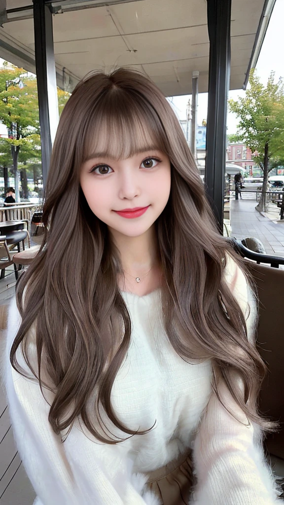 masterpiece、４hair、Looking into the camera、Take a selfie from the front、（Cute smile 1.6）Close-up shot、18-year-old female、Light brown hair、With bangs、Loose and fluffy hair、Fashion Model、Cafe Terrace、Instagram、Cute Woman、眼鏡かhairている