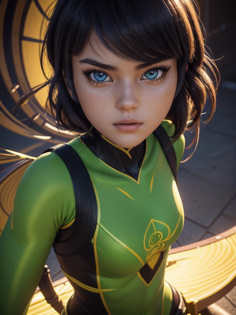 1girl,  girl, grasshopper style miraculous suit, green suit, slim body, flat chest, eye mask, blonde hair, grasshopper logo on the chest, (best quality,4k,8k,highres,masterpiece:1.2),ultra-detailed,(realistic,photorealistic,photo-realistic:1.37),portrait,detailed face, beautiful detailed eyes, beautiful detailed lips, extremely detailed eyes and face, long eyelashes, dynamic pose, action, colorful, vibrant colors, cinematic lighting, dramatic shadows