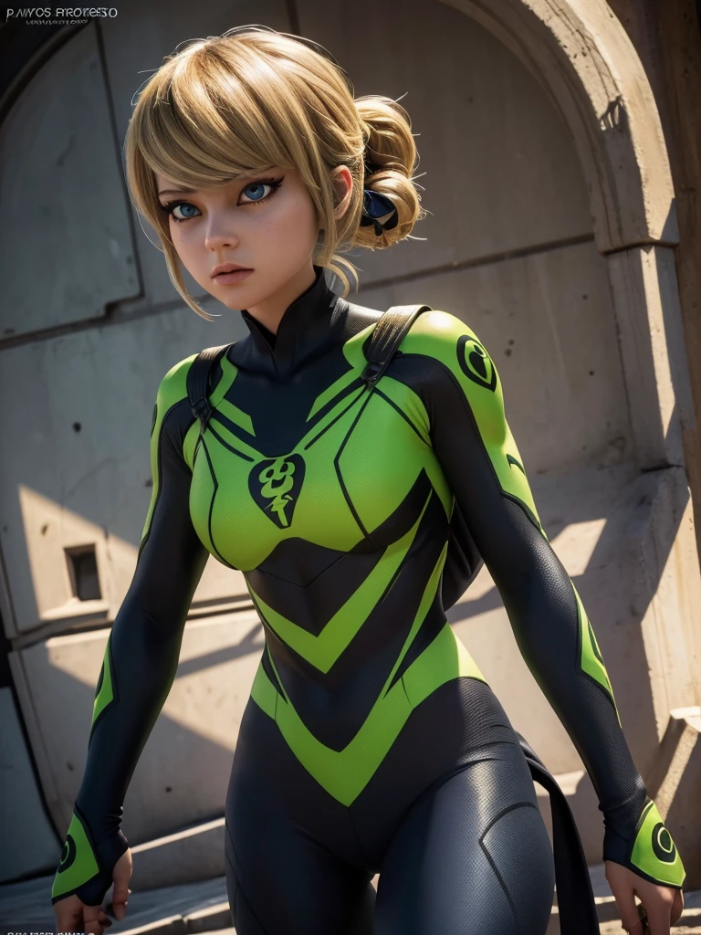 1girl,  girl, grasshopper style miraculous suit, green suit, slim body, flat chest, eye mask, blonde hair, grasshopper logo on the chest, (best quality,4k,8k,highres,masterpiece:1.2),ultra-detailed,(realistic,photorealistic,photo-realistic:1.37),portrait,detailed face, beautiful detailed eyes, beautiful detailed lips, extremely detailed eyes and face, long eyelashes, dynamic pose, action, colorful, vibrant colors, cinematic lighting, dramatic shadows