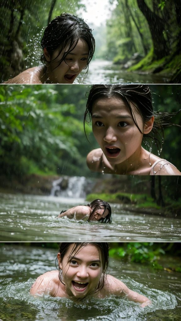 Ultra realistic photos, a couple, panicked faces, naked, running, wet, over a shallow river, in a forest, intricate details, super realistic, extra real.