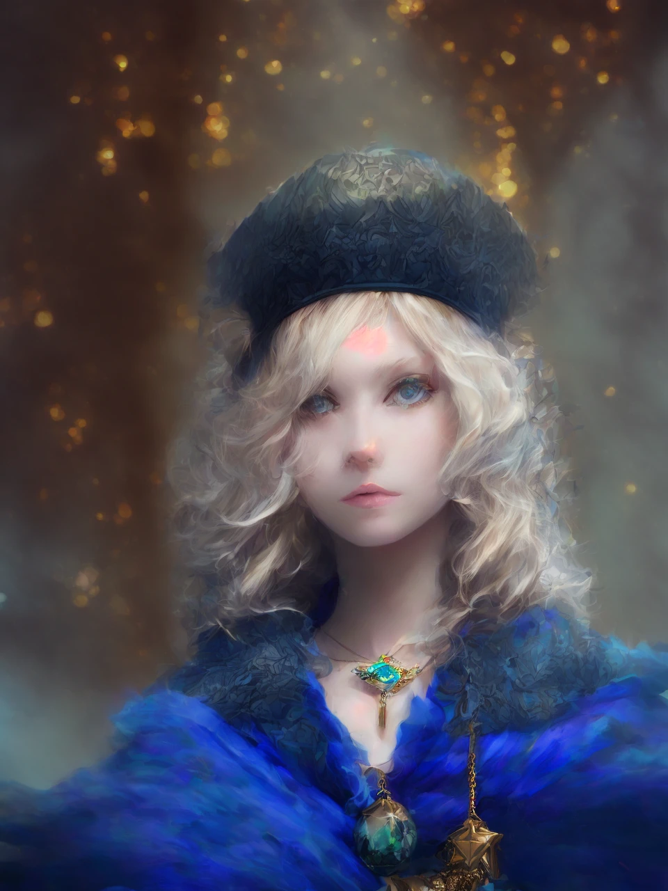 Full body shot, ((8k portrait of young adult female, pale white skin, masterpiece)), medium bust, long hair, blonde, (beautiful eyes), fantasy, elegant, mystic, potion shop, outdoor, medieval, ornaments, long pendant necklace, magical, award winning, painting by top artists, cinematic, detailed accessories, strong collarbone, cold lighting, (professional lighting), natural beauty, gold saree,