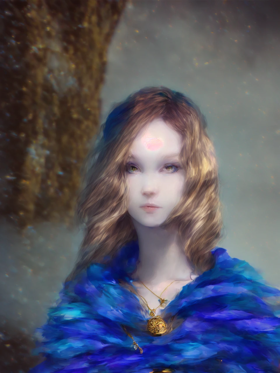 Full body shot, ((8k portrait of young adult female, pale white skin, masterpiece)), medium bust, long hair, blonde, (beautiful eyes), fantasy, elegant, mystic, potion shop, outdoor, medieval, ornaments, long pendant necklace, magical, award winning, painting by top artists, cinematic, detailed accessories, strong collarbone, cold lighting, (professional lighting), natural beauty, gold saree,