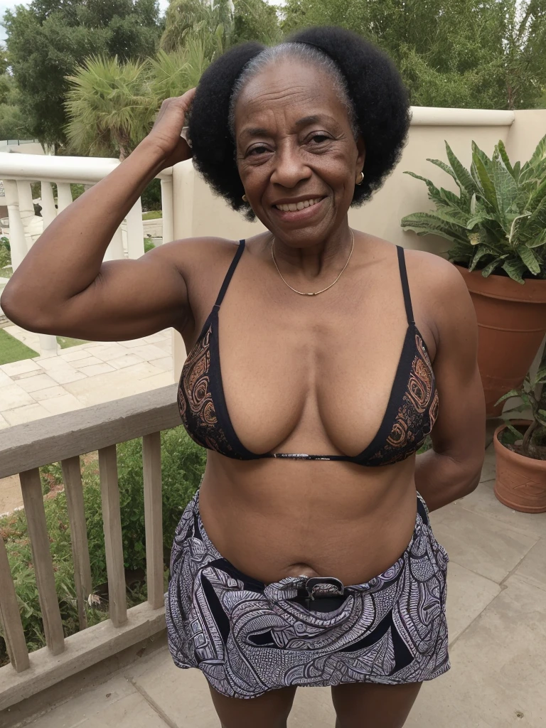 Androeda, solo, realistic, black girl, ((85-year-old girl)), ((mature)), ((old woman)), ((wrinkled woman)), african american young woman, young black woman, dark-skinned, (((upper body only))), ((patio)), taking a selfie, smiling, wearing top
