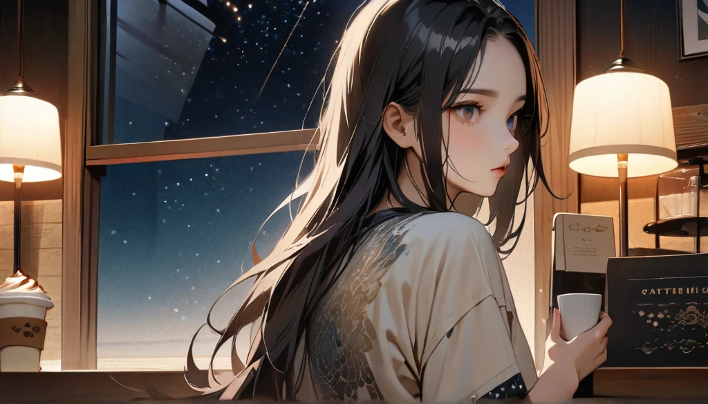 (((from behind))), ((8k of extremely detailed CG unit, Masterpiece, high resolution, highest quality, highest quality real texture skin)), (((indirect lighting))),  (((Cafe with a calm atmosphere))), (((Big window with night sky))), ((Drinking coffee)),  ((1 girl)), (Japanese pattern Tシャツ, denim), (Black hair, messy hair, beige skin), (Surreal, digital painting)