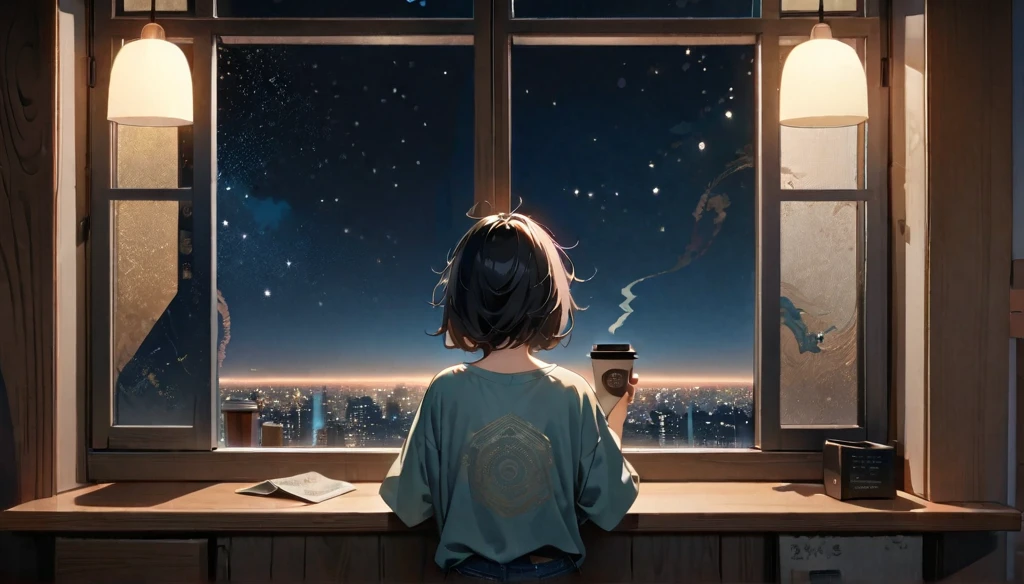 (((from behind))), ((8k of extremely detailed CG unit, Masterpiece, high resolution, highest quality, highest quality real texture skin)), (((indirect lighting))), (((Cafe with a calm atmosphere))), (((Big window with night sky))), ((Drinking coffee)), ((1 girl)), (Japanese pattern Tシャツ, denim), (Black hair, messy hair, beige skin), (Surreal, digital painting)