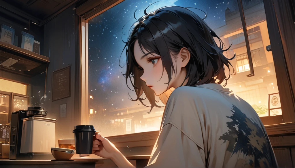 (((from behind))), ((8k of extremely detailed CG unit, Masterpiece, high resolution, highest quality, highest quality real texture skin)), (((indirect lighting))), (((Cafe with a calm atmosphere))), (((Big window with night sky))), ((Drinking coffee)), ((1 girl)), (Japanese pattern Tシャツ, denim), (Black hair, messy hair, beige skin), (Surreal, digital painting)