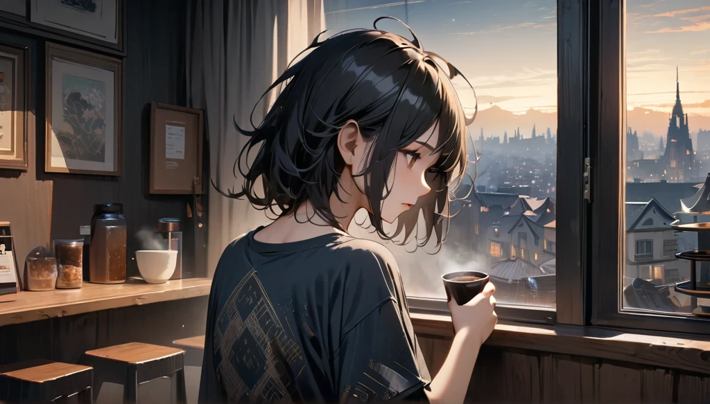 (((from behind))), ((8k of extremely detailed CG unit, Masterpiece, high resolution, highest quality, highest quality real texture skin)), (((indirect lighting))),  (((Cafe with a calm atmosphere))), (((Big window with night sky))), ((Drinking coffee)),  ((1 girl)), (Japanese pattern Tシャツ, denim), (Black hair, messy hair, beige skin), (Surreal, digital painting)