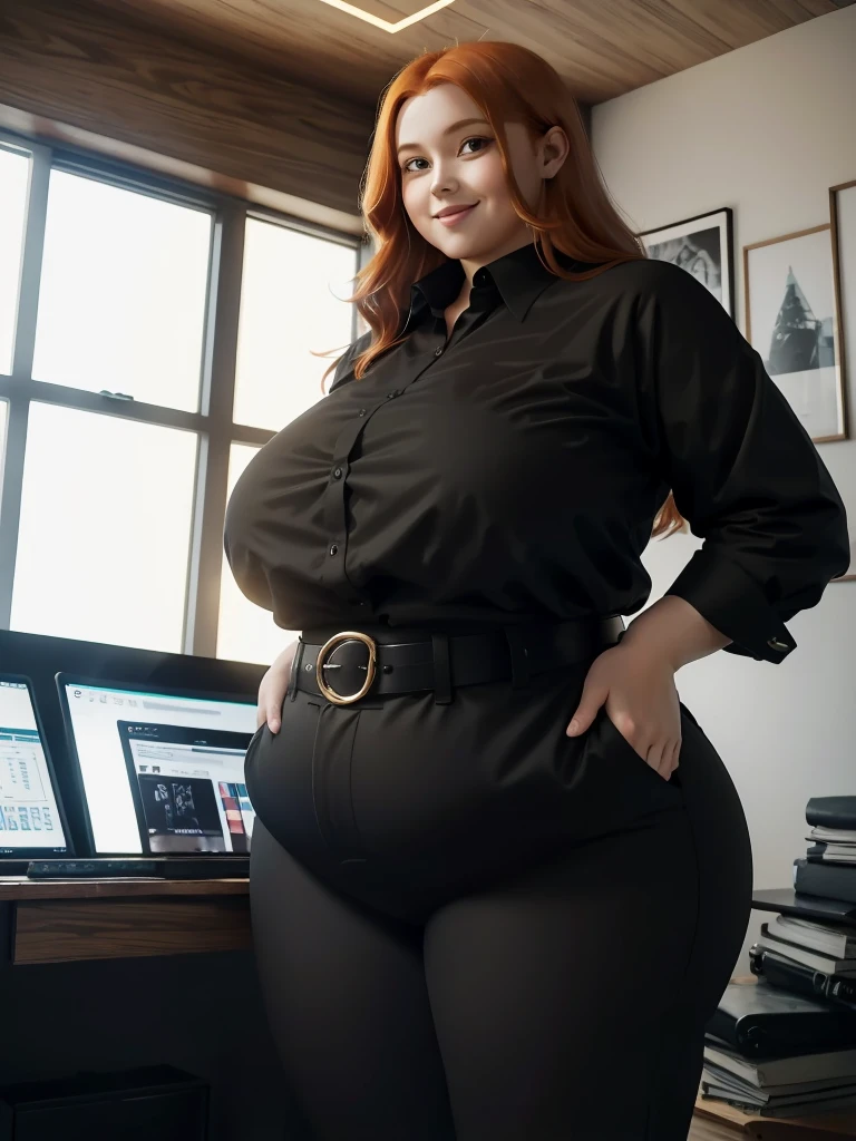 An happy and excited photo of a Beautiful ginger architect BBW, with long wavy light Brownish-ginger hair, with big soft fat belly, thicc fat arms, thicc wide legs, big breast, in black elegant pants, long black shirt tucked in her pants, black belt and black blouse in her new modern architect office with a lot of building models and house blueprints