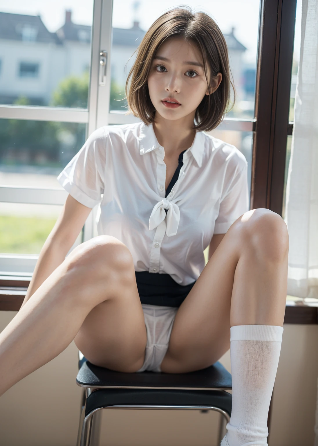 NSFW (new south wales),(In 8K、top quality、masterpiece:1.2)、(realistic、photorealistic:1.incredibly cute girl、18 years、sit on、(((white panties)))、(((open your legs)))、solo、classroom、View viewers、(Sit:1.5)、At school、I think it's going to explode、beautiful beautiful eyes, (dark blonde hair:1.2)、(Short hair:1.2)、, skirt , socks, black hair, blurry background, knee high, white shirt, lifelike, shiny lips , socks, tie, pleated skirt, masterpiece, top quality, very very detailed、(((open your legs)))、attractive eyes