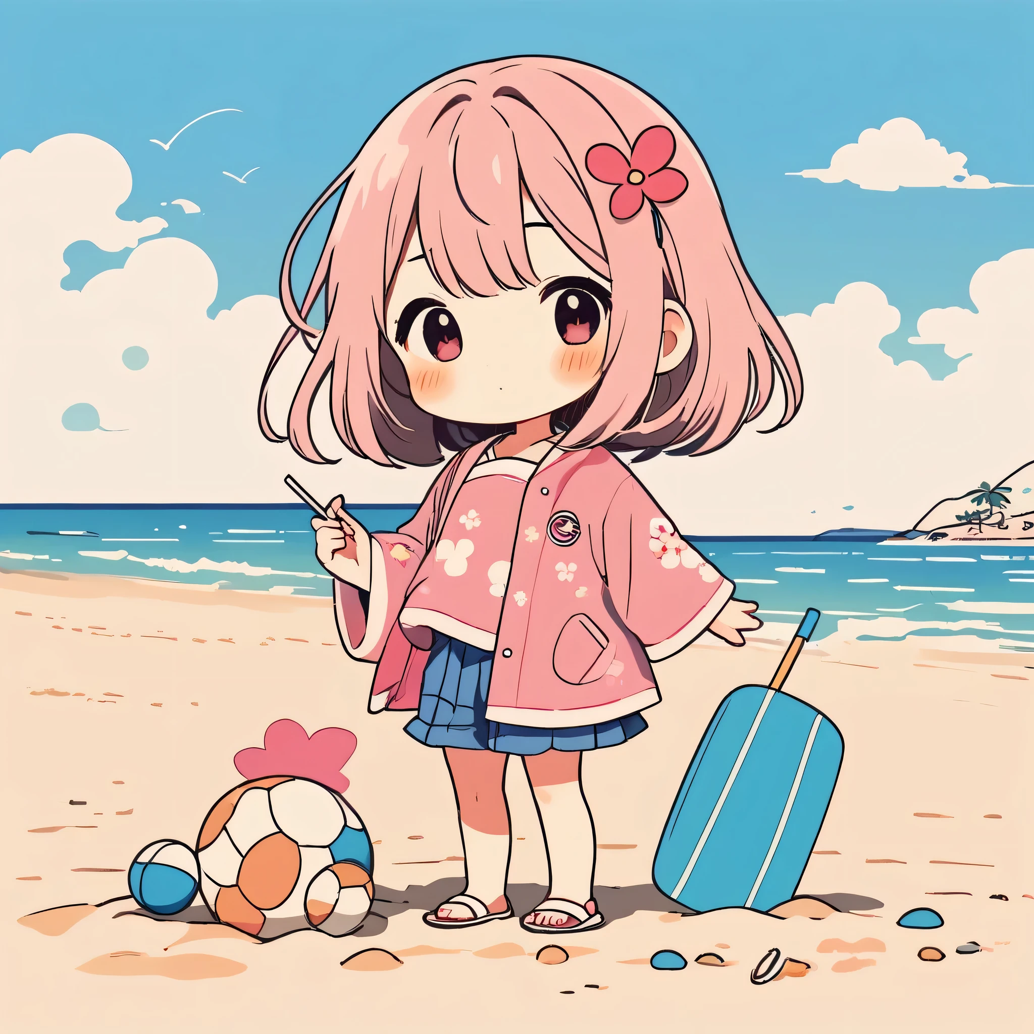 Momoko Sakura style, Simple Line Initialism,Abstract art,Kawaii Design, The most beautiful girl of all time、chibi, The background is the beach in summer、playing, スイカ、カニ