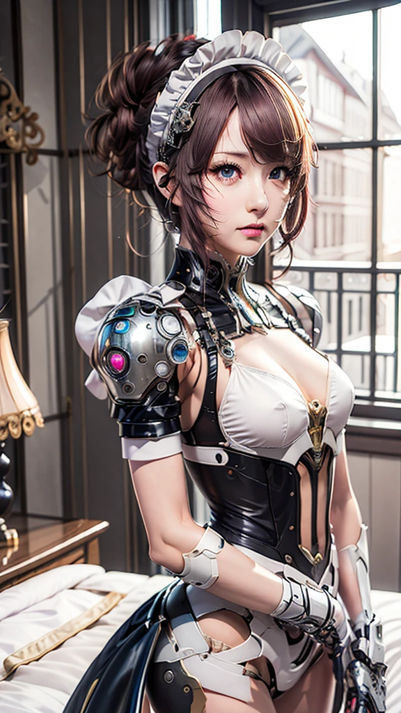 Very detailed, Advanced Details, high quality, 最high quality, High resolution, 1080P, HD, 4K,  beautiful,(Machine),beautiful cyborg mixed maid female, Mecha Cyborg Girl,Mecha Body Girl,She is wearing a futuristic mech, victorian maid dress, from the front, From the skirt up,A cute room for children, bed room, bed,