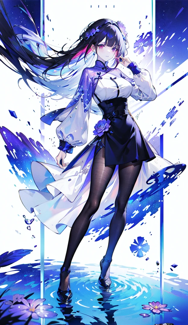 （（masterpiece：1.4，best quality）），（Super detailed），（Extremely detailed eyes），（Black leggings，Shiny socks：1.5），Hello Darkness
((Sexy Girl，Large Breasts，gully))，（Blood-red pupils，Diamond-shaped pupil：1.15），Purple Eyeshadow，（Elongated hair，Thick hair，shiny hair：1.5）（Variza：1.2），Fair skin，tilt head to one side，Kneel down
（She wears blue armor，Tight cheongsam，：1.5），Very long plush sleeves，White，White Cloud，Dream bubbles ，Ice and glitter effects
（Black long skirt：1.1），
（dawn：1.2），
（Intense black and white：1.16），（Depth of Field：1.4），，Intricate details，(Sky Castle，Standing on the lake，Purple flowers by the lake)