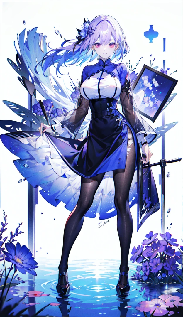 ((masterpiece:1.4,best quality)),(Super detailed),(Extremely detailed eyes),(Black leggings,Shiny socks:1.5),Hello Darkness
((Sexy Girl,Large Breasts,gully)),(Blood-red pupils,Diamond-shaped pupil:1.15),Purple Eyeshadow,(Elongated hair,Thick hair,shiny hair:1.5)(Variza:1.2),Fair skin,tilt head to one side,Kneel down
(She wears blue armor,Tight cheongsam,:1.5),Very long plush sleeves,White,White Cloud,Dream bubbles ,Ice and glitter effects
(Black long skirt:1.1),
(dawn:1.2),
(Intense black and white:1.16),(Depth of Field:1.4),,Intricate details,(Sky Castle,Standing on the lake,Purple flowers by the lake)