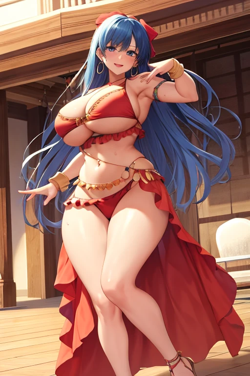 masterpiece, best quality, beautiful art, high resolution, well formed hands, body and fingers, 1 woman, solo, grown up, arabian belly dancer, adult, large and round breasted, (perfect hands and fingers:1.5) cleavage, hair ribbon, full body picture, blue eyes, long blue hair, sexy and skimpy outfit , sexy belly dancer, blue attire, gorgeous legs and thighs , dancing seductively and erotically, turning backwards and forward, shaking her body alluringly, bouncing breasts, sweating, bikini thong, smiling joyfully, looking at the viewer, flirting, beach environment