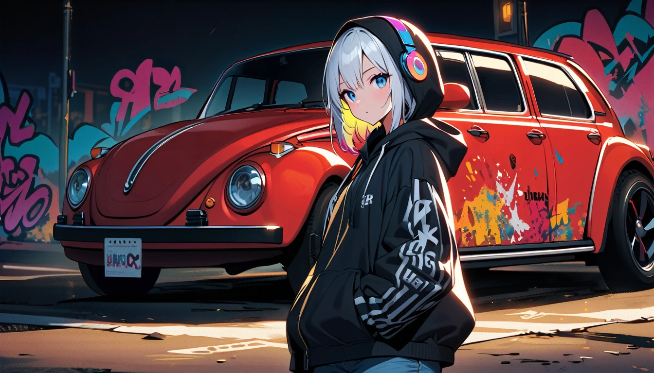 HD 8K Handsome cute, Solitary, 1 female, Medium Length Hair, white hair, Rainbow hair, blue Eyes, Rainbow headphone, hoodie, colored hoodie, black Trucker Hat, hip-hop style big hooded jacket, denim shorts, Human focus, Leaning against a HD 8K Volkswagen red car, HD 8K outdoor, White clouds in the night, graffiti famous spray art wall,