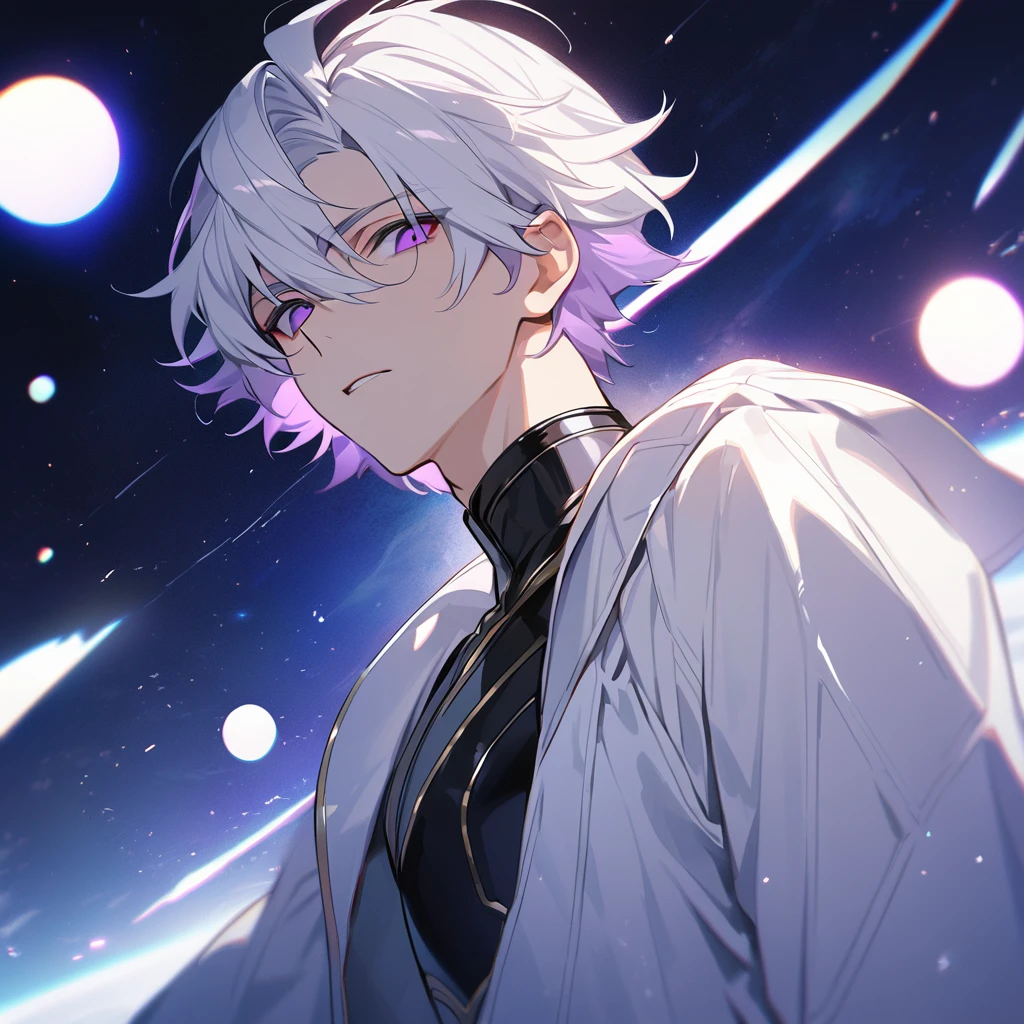 High quality, HD, 4k, no shadows, handsome male, 1male, 17 years old, teenager, golden lining, short white hair, sharp eyes, dark purple eyes, deep purple eyes, devil may cry, close up, calm expression, stoic expression, black leather clothes, white leather clothing, lean body, well trained body, upper body, looking at viewer, cowboy shot, white solar, space background
