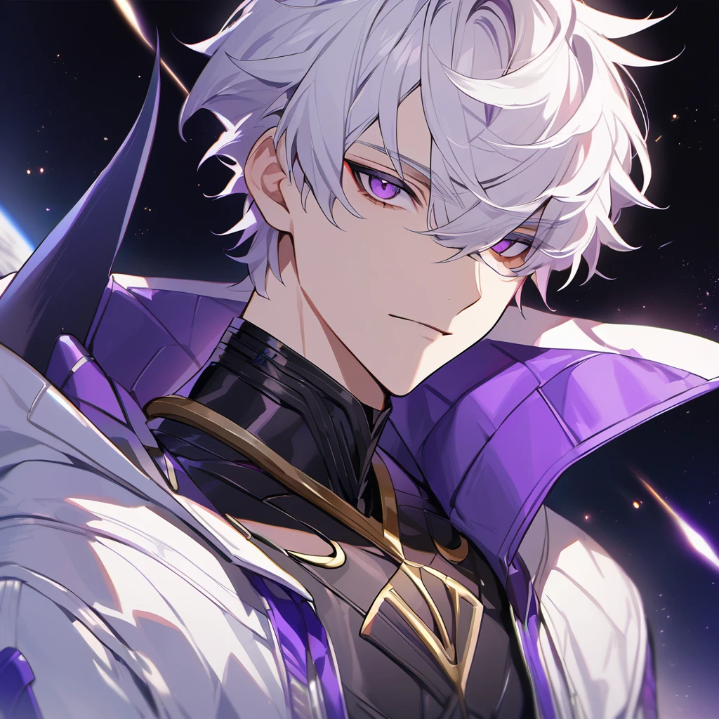 High quality, HD, 4k, no shadows, handsome male, 1male, 17 years old, teenager, golden lining, short white hair, sharp eyes, dark purple eyes, deep purple eyes, devil may cry, close up, calm expression, stoic expression, black leather clothes, white leather clothing, lean body, well trained body, upper body, looking at viewer, cowboy shot, white solar, space background