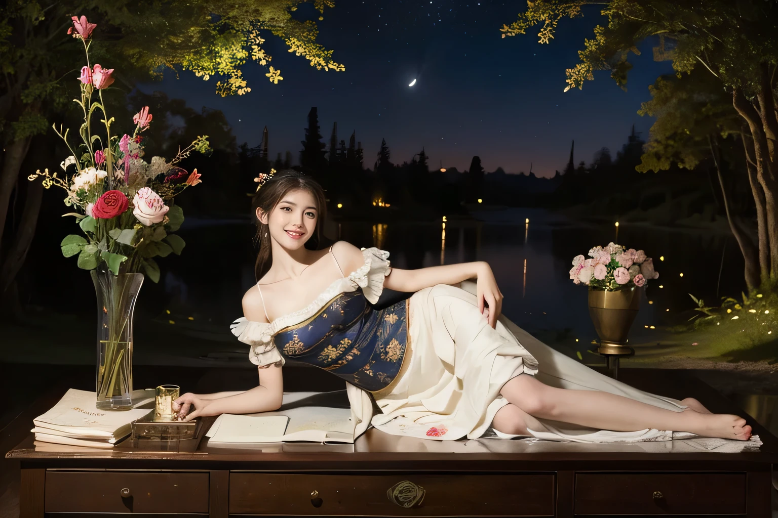 James Whistler painting style,Arguments of two female Philosophe,math、astronomical machine、astronaut、roses in vase、fruits、Cute trinkets、smile、ancient greek costume、Background is a forest lake at night 、Clothes that stretch your shoulders、A big smile
