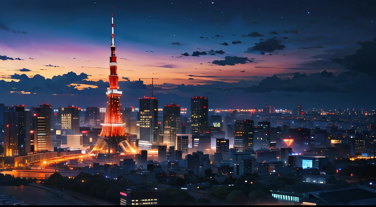 (masterpiece),(highest quality)、Starry Sky、Downtown Tokyo、skyscraper、4K、8K