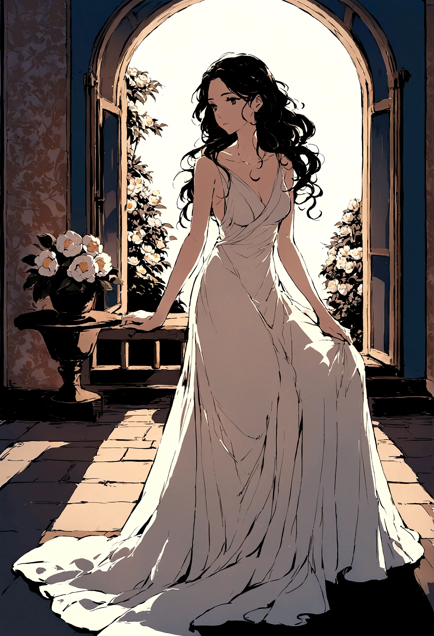 night，Street Lights，((White Camellia))，windowsill，Illustration style，Beautiful women，evening dress，A gentle breeze blows through the strands of hair,Tree Shadows