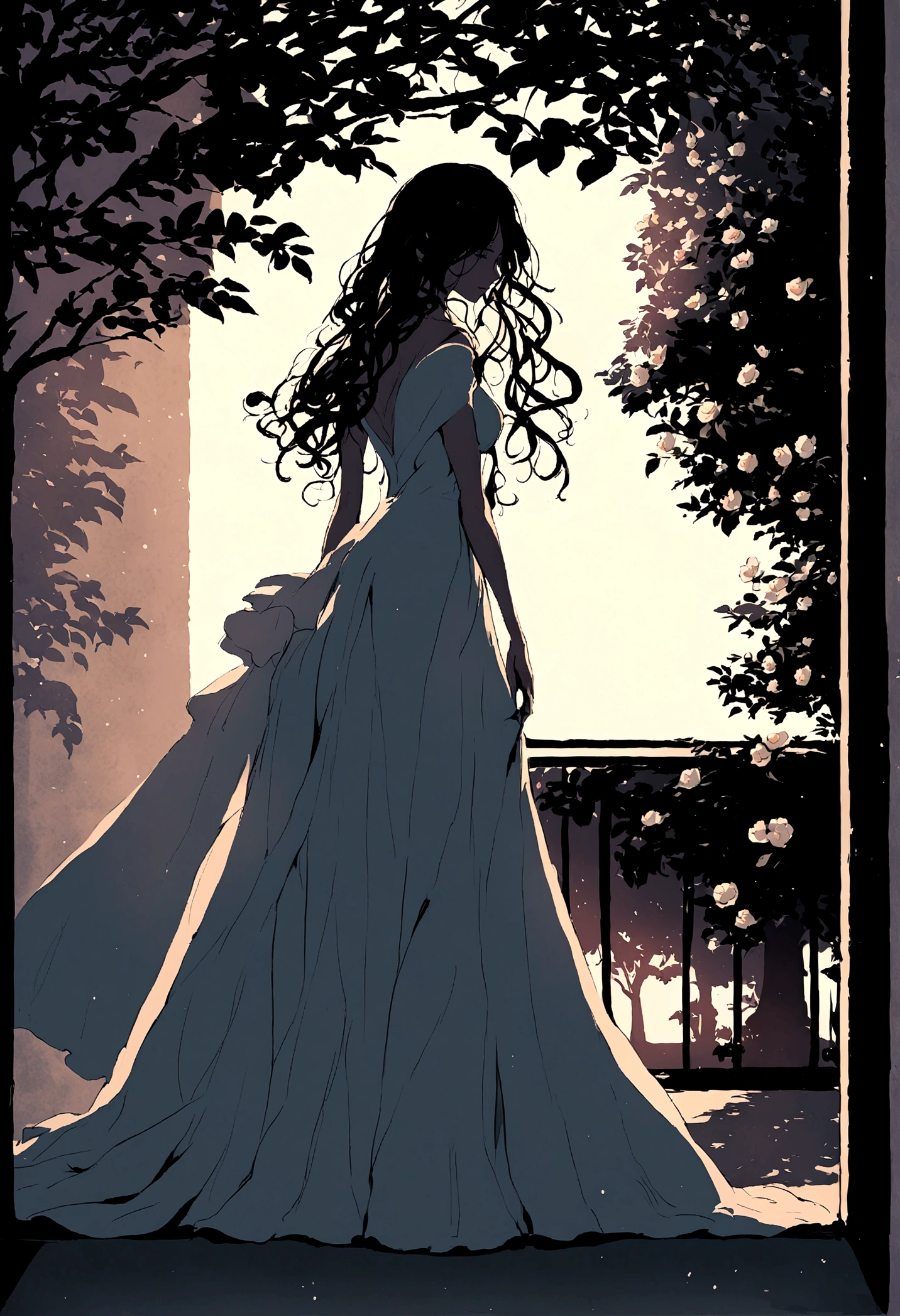 night,Street Lights,((White Camellia)),windowsill,Illustration style,Beautiful women,evening dress,A gentle breeze blows through the strands of hair,Tree Shadows