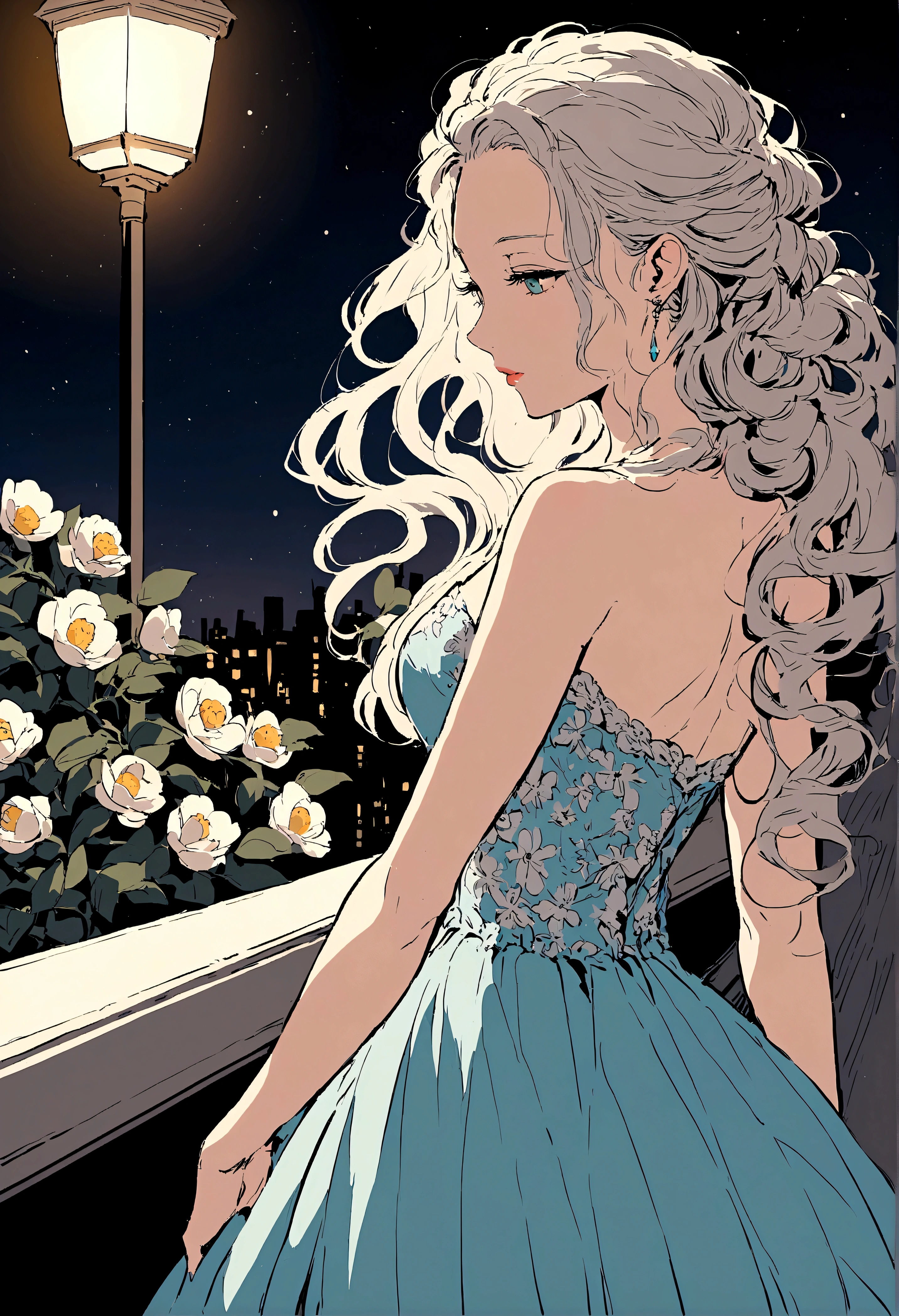 night,Street Lights,((White Camellia)),windowsill,Illustration style,Beautiful women,evening dress,A gentle breeze blows through the strands of hair