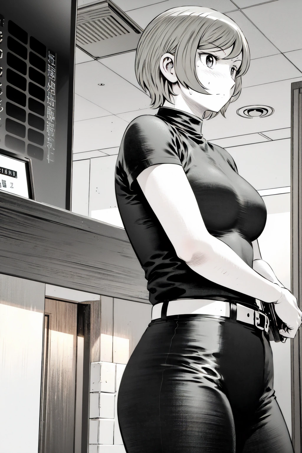、(masterpiece、Highest quality)、Highest quality, Ultra-high resolution, (((masterpiece))), alone, Sweat、Big eyes,Tight black shirt、Tight white pants、belt、indoor、Composition from the front、(Cut the back hair short、short hair、blonde、woman)、Shortcuts、Embarrassed face、Cut your hair short、可愛いwomanの子、Big Breasts、office