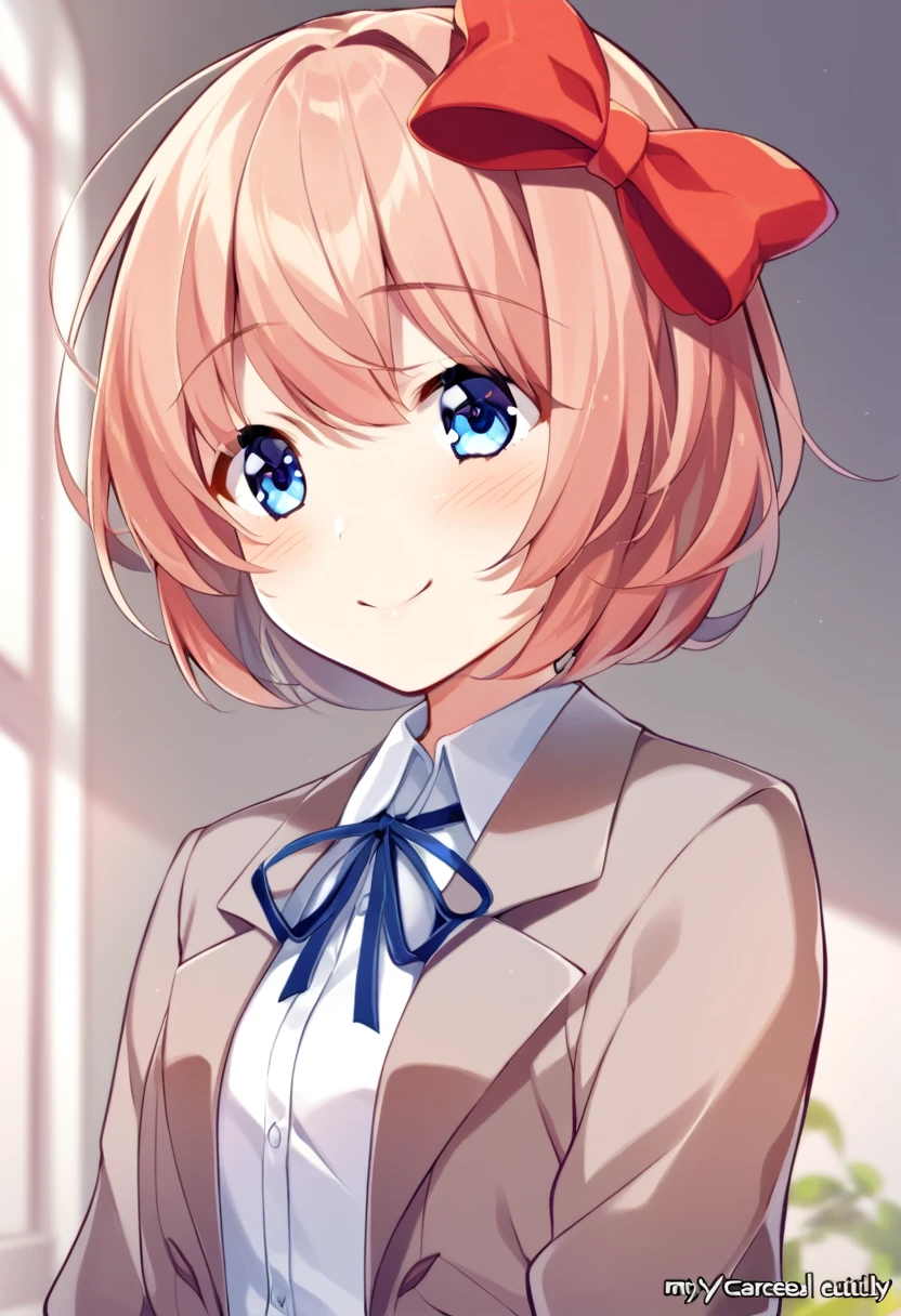 one girl, lovely, boyish, blazer, hair bow, Sayori, my childhood friend, cute, short hair, blush, light blue eyes, cheerful girl, love me, careless girl, laugh cutely, my best friend