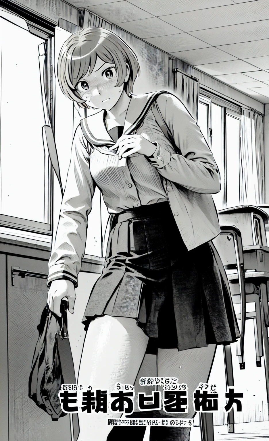 of the highest quality, Best Quality,超A high resolution, hight resolution, (masutepiece), (Comic style illustration), (linear art_Anime),(black-and-white),(monotone_highcontrast),hi-school girl,high-school uniform、neck tie、blazers、skirt by the,Inside the school_the complex background,(lora:Add More Detail:1.2)