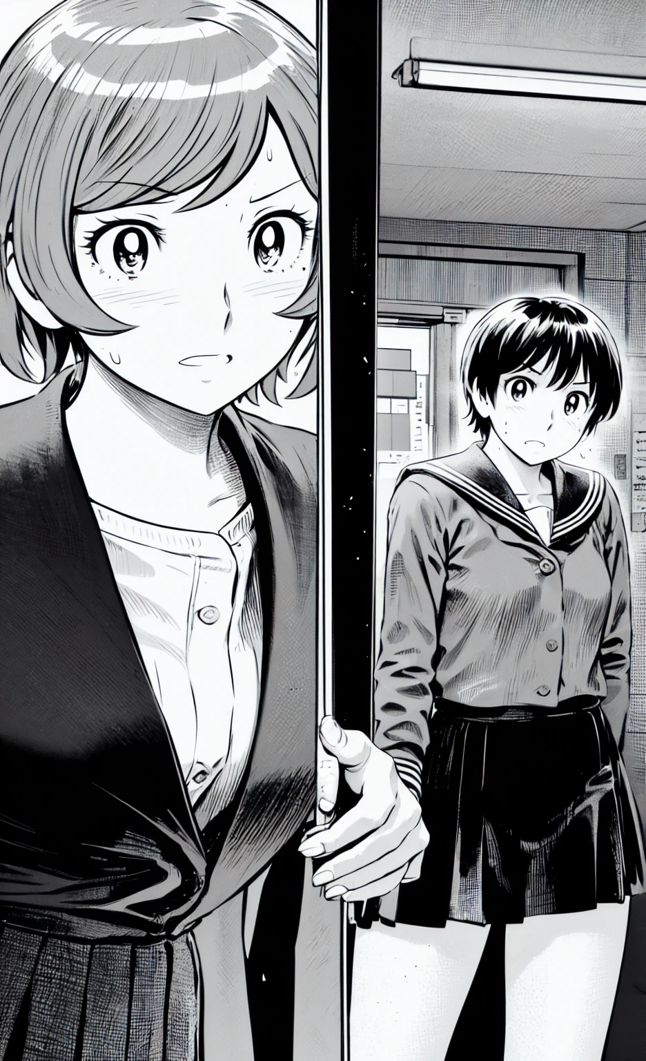 、(masterpiece、Highest quality)、Highest quality, Ultra-high resolution, (((masterpiece))), alone, Sweat、Big eyes, Composition from the front、Shortcuts、Embarrassed face、Blonde、Cut your hair short、Monochrome、Pencil drawing、School classroom、Sailor suit、uniform、skirt、short hair