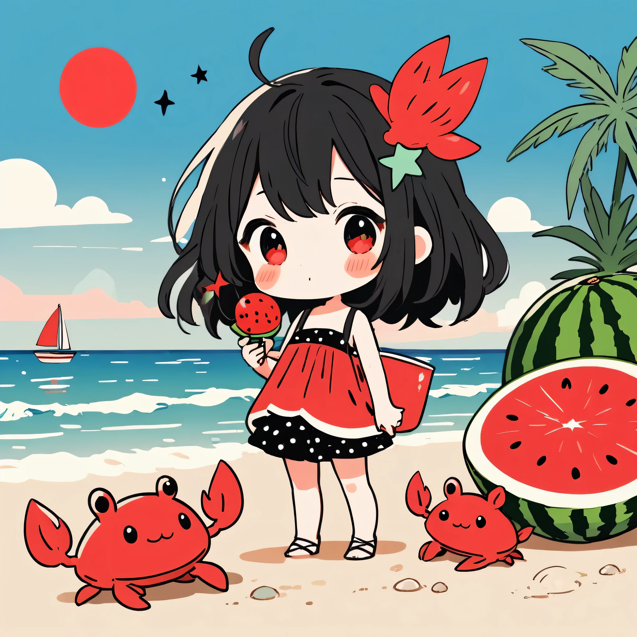 Black Star Red and White style, Simple Line Initialism，Abstract art，Kawaii Design, The most beautiful girl of all time、chibi, The background is a midsummer beach、playing, crab, watermelon