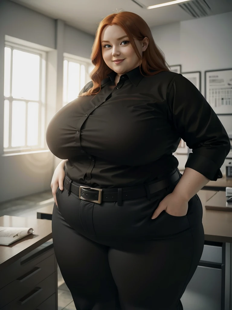 An happy and excited photo of a Beautiful ginger architect BBW, with long wavy light Brownish-ginger hair, with big soft fat belly, thicc fat arms, thicc wide legs, big breast, in black pants, long black shirt tucked in her pants, black belt and black blouse in her new modern architect office with a lot of building models and house blueprints