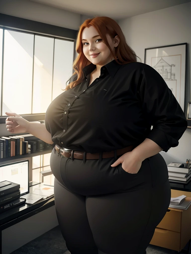 An happy and excited photo of a Beautiful ginger architect BBW, with long wavy light Brownish-ginger hair, with big soft fat belly, thicc fat arms, thicc wide legs, big breast, in black pants, long black shirt tucked in her pants, black belt and black blouse in her new modern architect office with a lot of building models and house blueprints