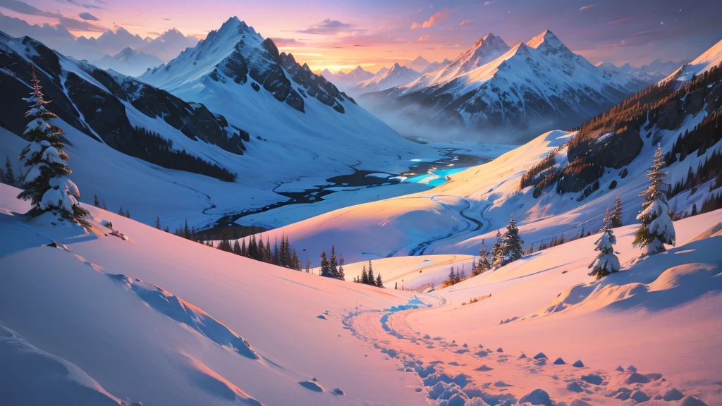 painting of a snowy mountain path, painterly illustration, colorful concept art, a beautiful artwork illustration, jen bartel, in the snow mountains, colorful digital painting, painterly concept art, by Simon Gaon, winter concept art, inspired by Tuomas Korpi, jessica rossier color scheme, with a snowy mountain and ice