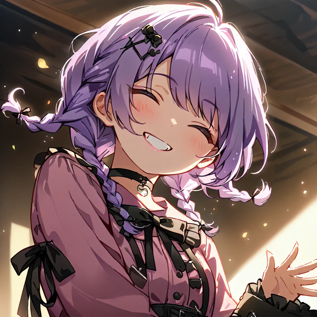 a masterpiece, beautiful eyes, a beautiful face, beautiful depiction, details, ultra detailed, 8K, masterpiece, Angle looking up from below.happy, a girl, kawaii, ,mesugaki, fangs, 
light atmosphere, mysterious atmosphere, (Cute a girl:1.5), (a girl with closs hair pin,pale purple hair,wavy two braids,bluntbangs hair,green and black eyes,
pink shirt,cosplay, jirai kei, bangs, black skirt, black bow, looking at viewer, bow, long sleeves, choker, ribbon,pink lips,Thick-soled boots,portrait  shot :1.4),boots focus,
(masterpiece:1.3), anime visual, (Lovey-dovey:1.5), (tilt head:1.3), extremely delicate face, soft clean focus, realistic lighting and shading, (an extremely delicate and beautiful art:1.3),a girl closed her eyes, grin, waving a hand,
