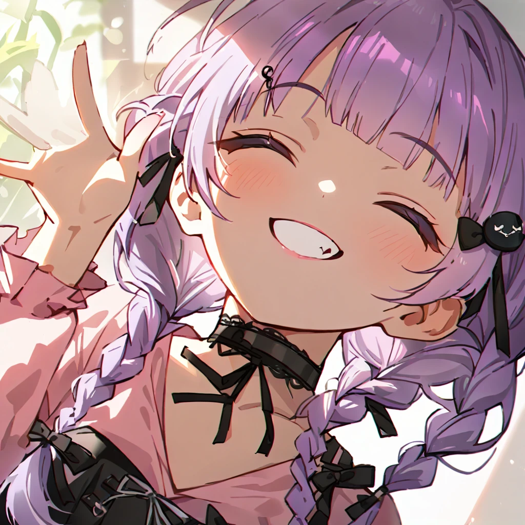 a masterpiece, beautiful eyes, a beautiful face, beautiful depiction, details, ultra detailed, 8K, masterpiece, Angle looking up from below.happy, a girl, kawaii, ,mesugaki, fangs, 
light atmosphere, mysterious atmosphere, (Cute a girl:1.5), (a girl with closs hair pin,pale purple hair,wavy two braids,bluntbangs hair,green and black eyes,
pink shirt,cosplay, jirai kei, bangs, black skirt, black bow, looking at viewer, bow, long sleeves, choker, ribbon,pink lips,Thick-soled boots,portrait  shot :1.4),boots focus,
(masterpiece:1.3), anime visual, (Lovey-dovey:1.5), (tilt head:1.3), extremely delicate face, soft clean focus, realistic lighting and shading, (an extremely delicate and beautiful art:1.3),a girl closed her eyes, grin, waving a hand,
