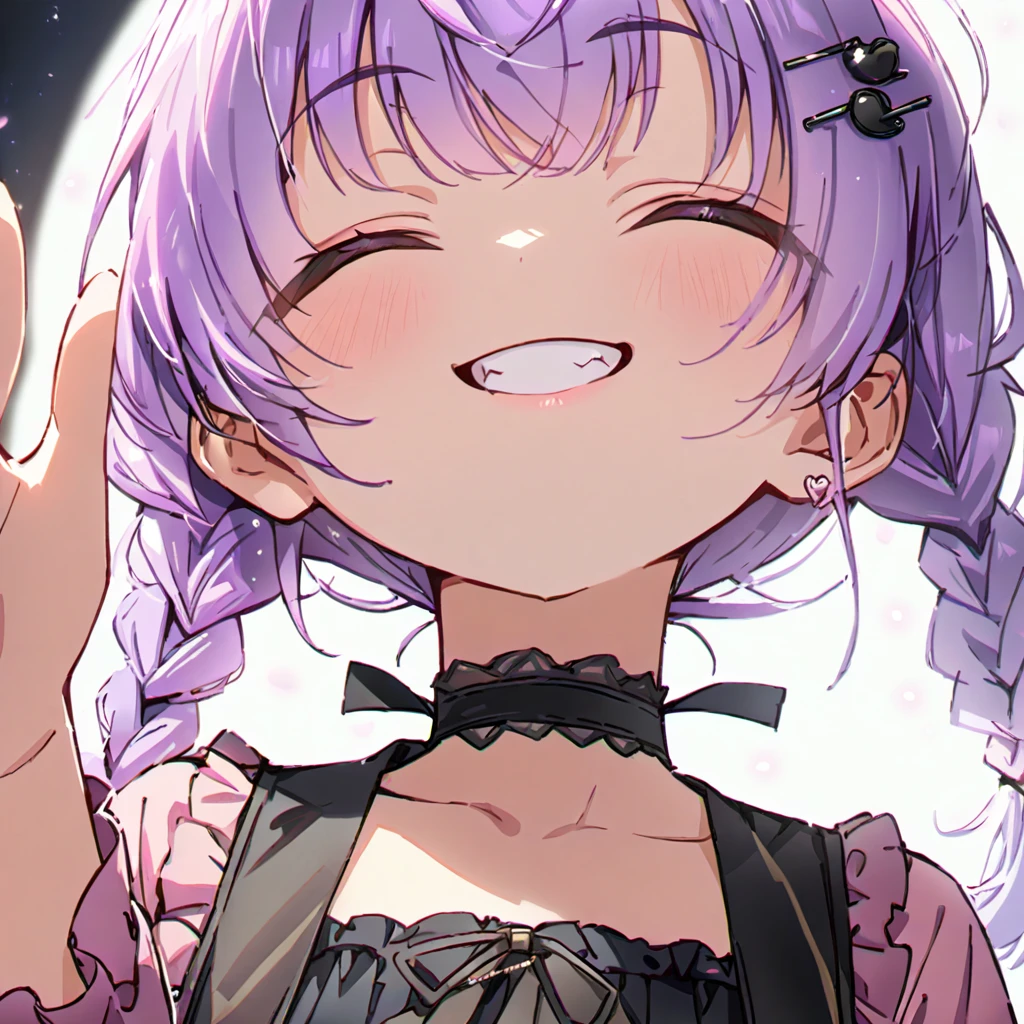 a masterpiece, beautiful eyes, a beautiful face, beautiful depiction, details, ultra detailed, 8K, masterpiece, Angle looking up from below.happy, a girl, kawaii, ,mesugaki, fangs, 
light atmosphere, mysterious atmosphere, (Cute a girl:1.5), (a girl with closs hair pin,pale purple hair,wavy two braids,bluntbangs hair,green and black eyes,
pink shirt,cosplay, jirai kei, bangs, black skirt, black bow, looking at viewer, bow, long sleeves, choker, ribbon,pink lips,Thick-soled boots,portrait  shot :1.4),boots focus,
(masterpiece:1.3), anime visual, (Lovey-dovey:1.5), (tilt head:1.3), extremely delicate face, soft clean focus, realistic lighting and shading, (an extremely delicate and beautiful art:1.3),a girl closed her eyes, grin, waving a hand,
