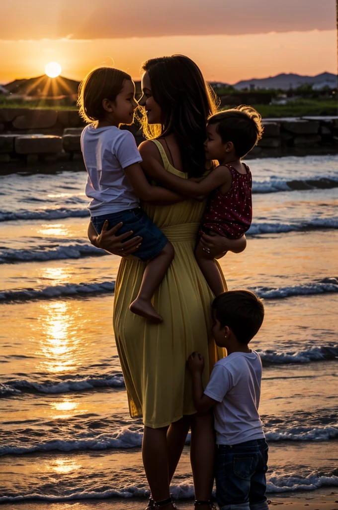 Retrato de um pai, brincando com seu filho, em uma praia linda.