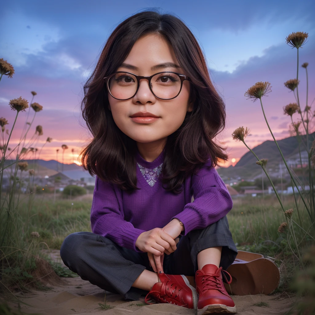 caricature, full body, Longshot, a Korean woman with long hair wearing a purple sweater, wearing glasses, wear trousers, wearing red shoes, sitting on a field full of weeds, evening sky, face facing forward, intricate details