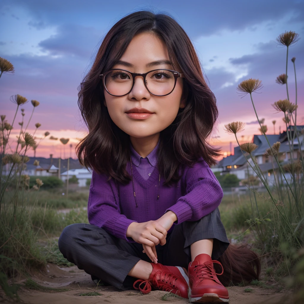 caricature, full body, Longshot, a Korean woman with long hair wearing a purple sweater, wearing glasses, wear trousers, wearing red shoes, sitting on a field full of weeds, evening sky, face facing forward, intricate details