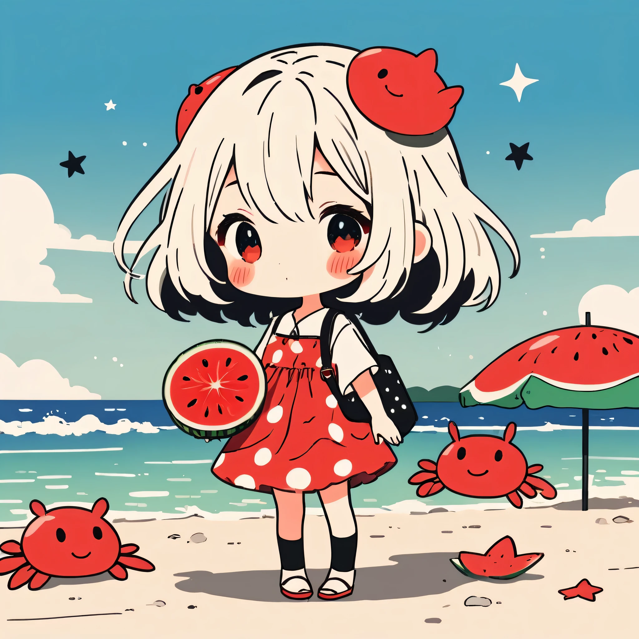 Black Star Red and White style, Simple Line Initialism,Abstract art,Kawaii Design, The most beautiful girl of all time、chibi, The background is a midsummer beach、playing, crab, watermelon