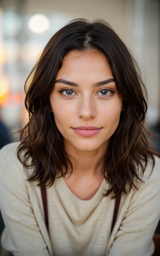 Cute beautiful brunette with yellow sweater (aucking dick in a modern café at sunset), muito detalhado, ars old, innocent face, naturally wavy hair, blue eyes, high-res, ​masterpiece, best qulaity, Intricate detailing, muito detalhado, sharp focus, detailed skin, realistie Hauttextur, Textur, detailled eyes, professional, 4K, charming smile, taken with Canon, 85 mm, light depth of field, Kodak Vision Color, perfectly fitting body, extremely detail, photoshot_\(ultra\), fotorealisti, realisti, Post processing, maximum details, roughness, real life, ultrarealisti, photoshotrealismus, photoshotgrafie, 8K  UHD, photoshotgrafie