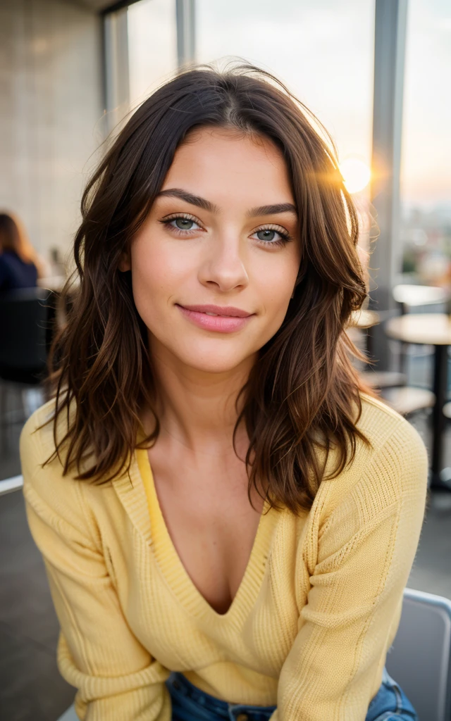 Cute beautiful brunette with yellow sweater (aucking dick in a modern café at sunset), muito detalhado, 14years old, innocent face, naturally wavy hair, blue eyes, high-res, masterpiece, best qulaity, Intricate detailing, muito detalhado, sharp focus, detailed skin, realistie Hauttextur, Textur, detailled eyes, professional, 4K, charming smile, taken with Canon, 85 mm, light depth of field, Kodak Vision Color, perfectly fitting body, extremely detail, photoshot_\(ultra\), fotorealisti, realisti, Post processing, maximum details, roughness, real life, ultrarealisti, photoshotrealismus, photoshotgrafie, 8K UHD, photoshotgrafie