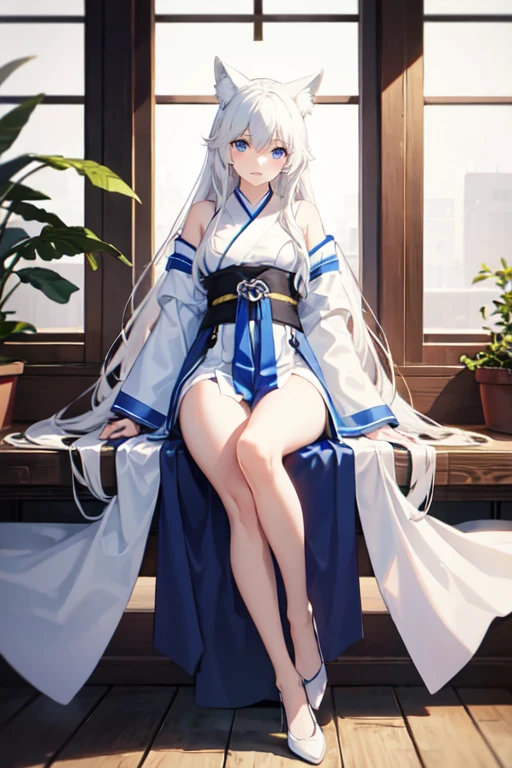 white fox ears、White hair、blue eyes、White Hanfu、looking at the audience、((A 12-year-old female))、whole body，White shoes，Beth，Bare legs
