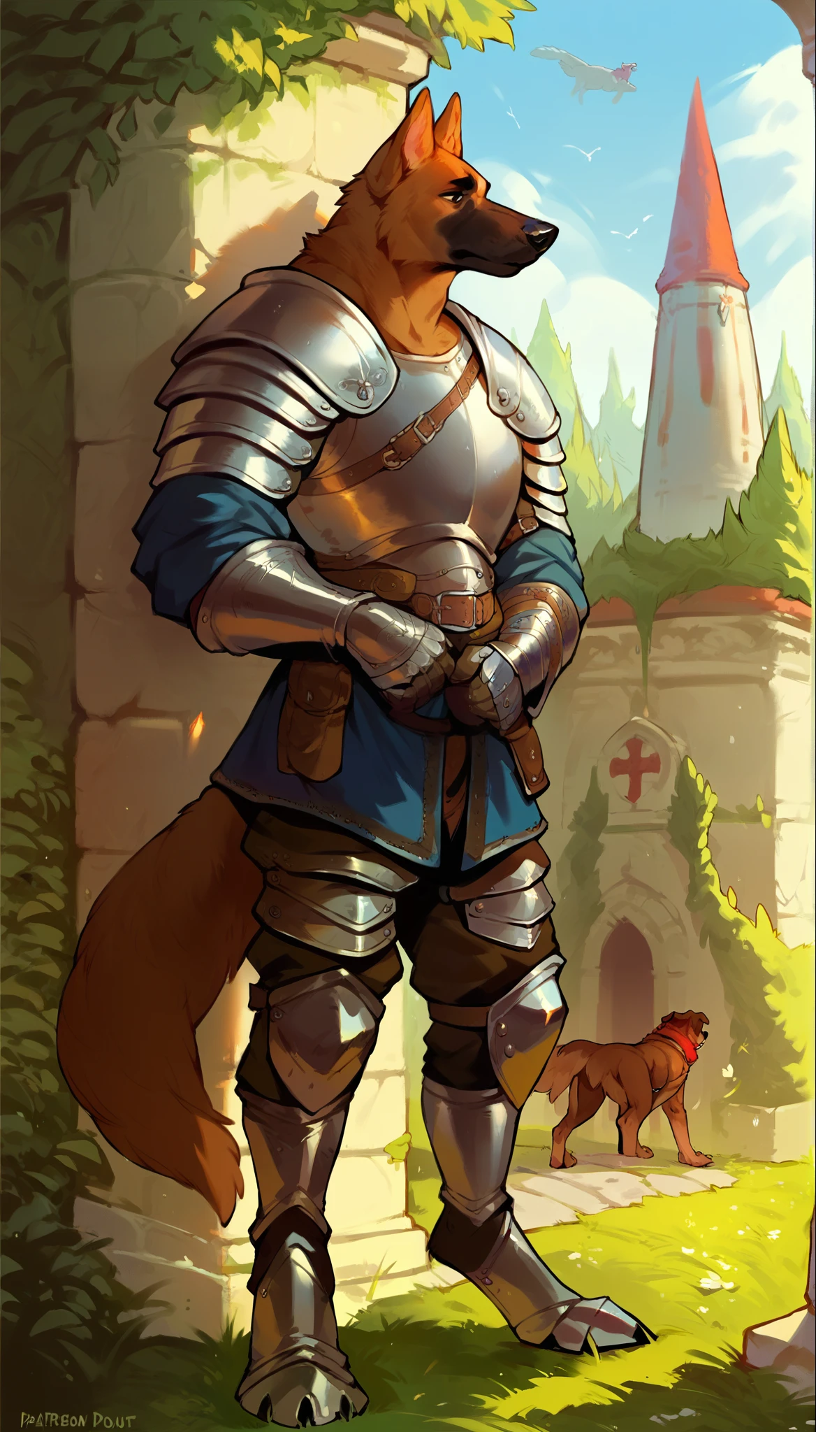 score_9, score_8_up, score_7_up, score_6_up, score_5_up, score_4_up, 
(Dog), solo, male, (athletic, anthro, brown fur, tail), full body, medieval, (sentinel, wearing sentinel leather armor), temple background