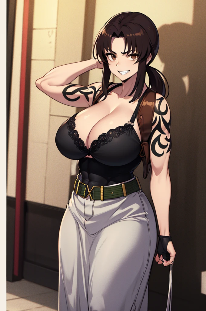 (masterpiece、highest quality:1.2)、solo、anime woman、revue、grin and laugh、looking at the viewer、Are standing、long brown hair、brown eyes、ponytail、V-shaped eyebrow hair、white bra、collarbone、fingerless gloveini string 、belt、holster、strong muscles、big enormous massive gigantic breasts、woman with very large enormous massive gigantic big large fat absurde breasts、cleavage、muscular and strong、Tattoo on the right shoulder、tall woman、toned body、muscular woman、Sidewalks in the city、sunset、chubby