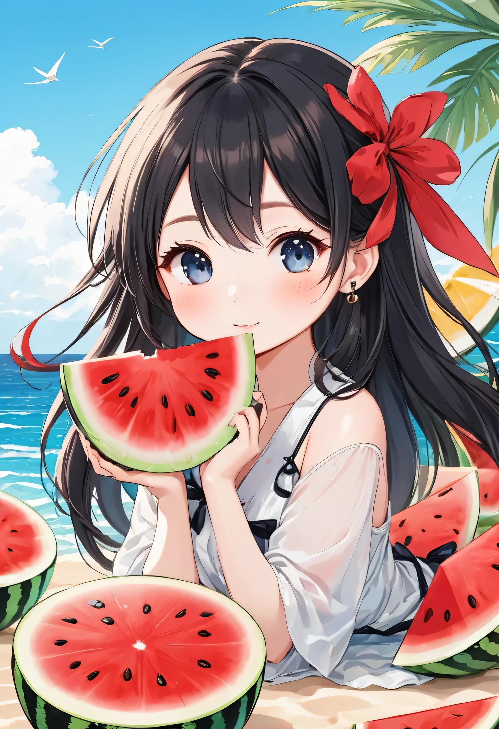 Black Star Red and White style, Simple Line Initialism,Abstract art,Kawaii Design, The most beautiful girl of all time、chibi, The background is a midsummer beach、playing, crab, watermelon